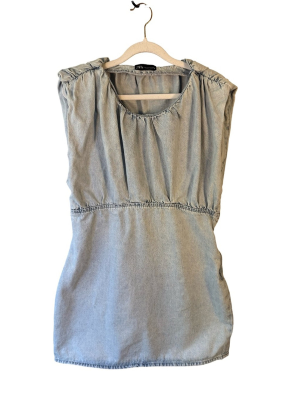 Zara Light Blue Denim Mini Dress with Statement Shoulders Size XL Y2K Minimalist - Picture 2 of 14